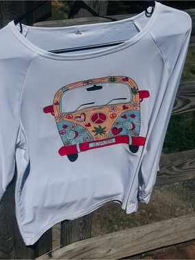 Women's White Long Sleeve Tee with Colorful Peace Van Graphic